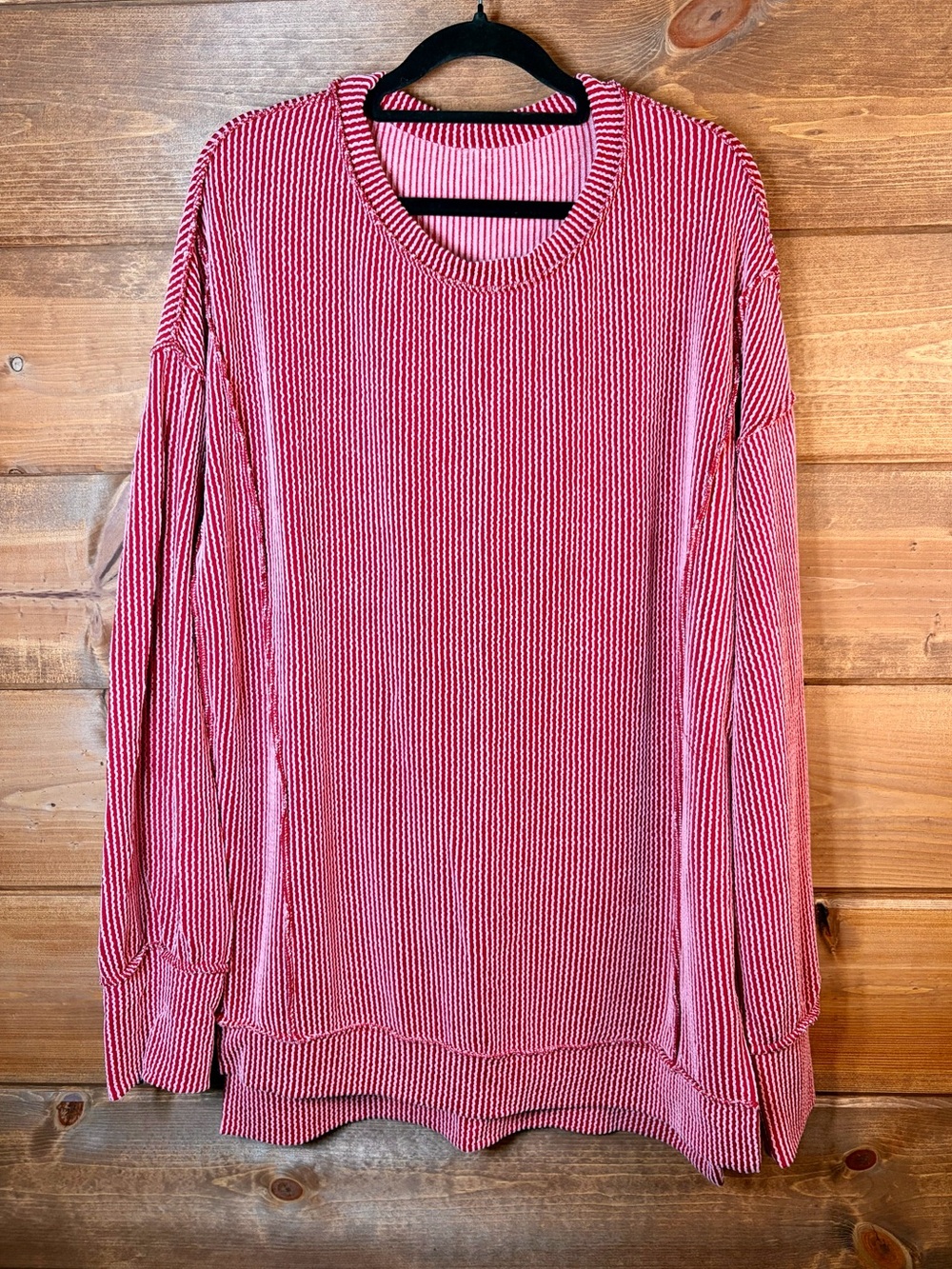 Cozy Ribbed Dark Red & Pink Crewneck Tunic Sweater Size Large 💕❤️
